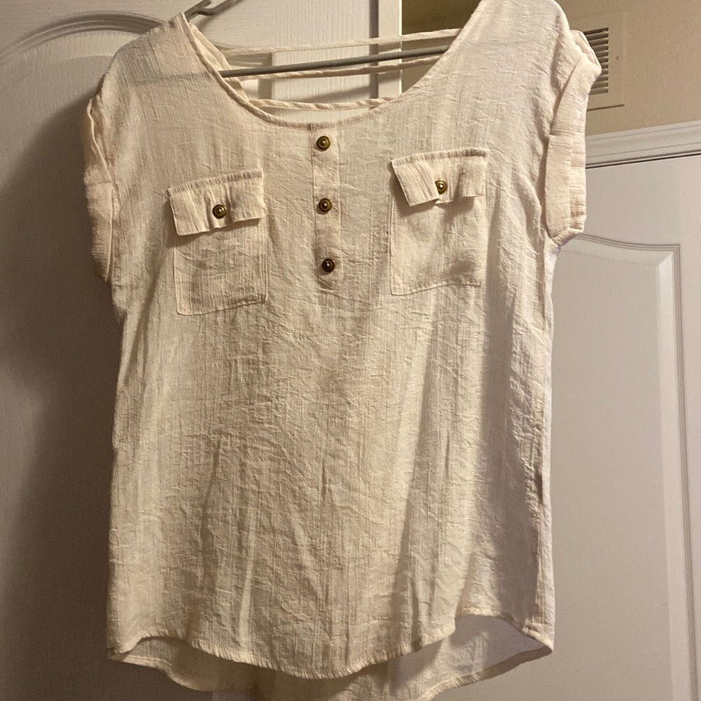 Rayon and polyester linen shirt with buttoned sleeves and crosses back